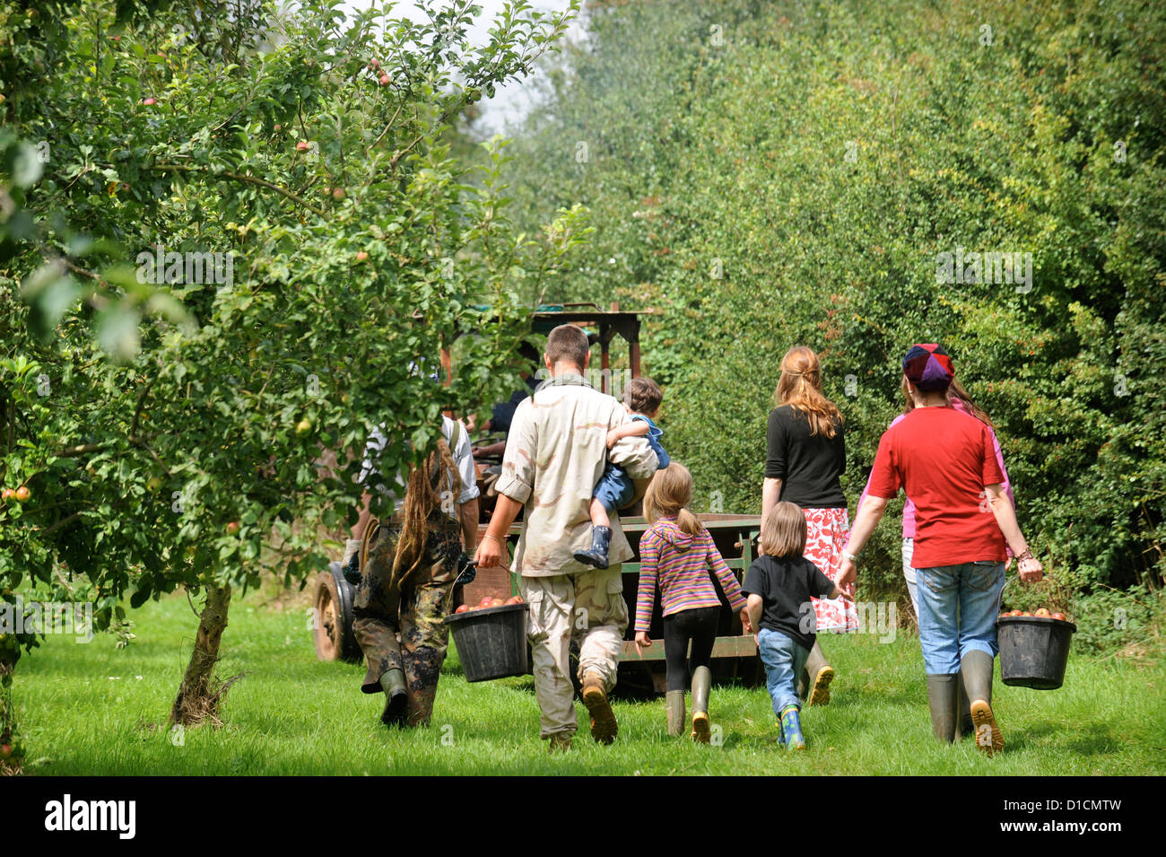 Apfelwein Herstellung in Broome Farm in der Nähe von Ross-on-Wye UK wo gibt es freie Campen und Verkostung zu freiwilligen Apple Picker Stockfoto