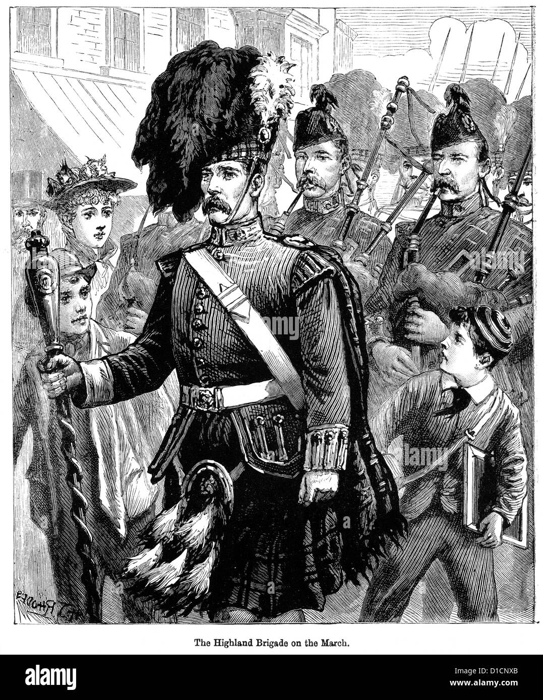Viktorianische Gravur der Highland Brigade der britischen Armee auf den März 1897 Stockfoto