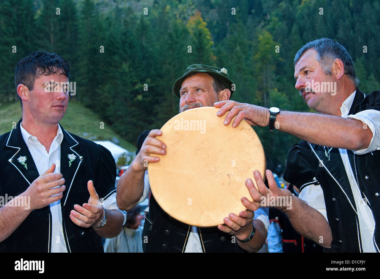 Hirten Hand-Carry Runden Schweizer Alpkäse Truckles beim Chästeilet Event, Schweiz Stockfoto
