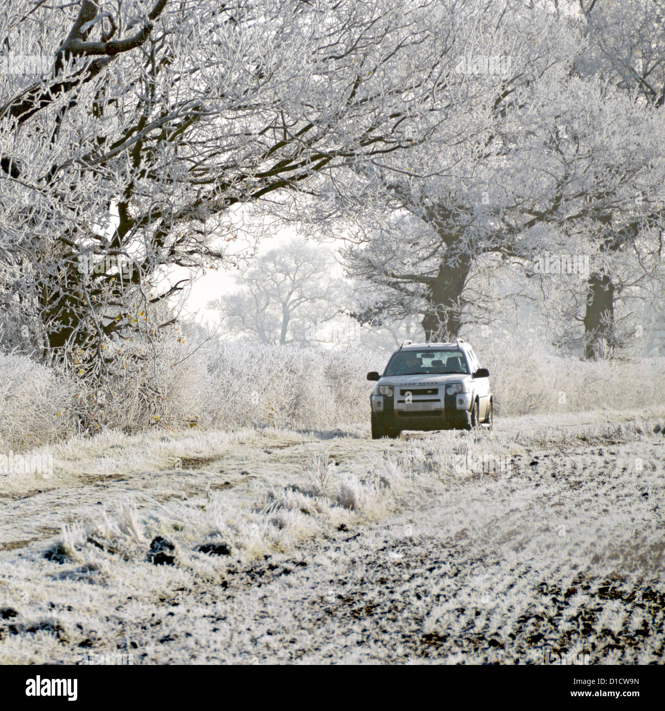 Winter Blick Landwirt in Land Rover Auto & Landschaft Bäume In Ackerland Feldlandschaft mit frühmorgens Reif auf Ländliche Hecke Essex England Großbritannien Stockfoto