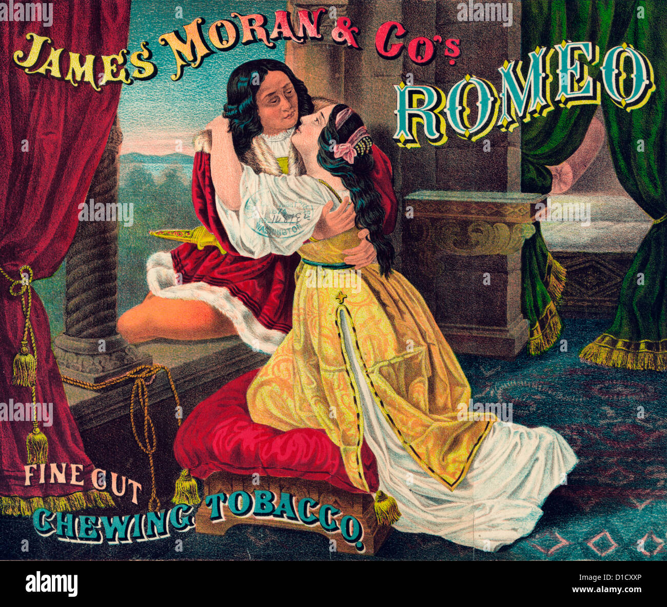 James Moran & Co. Romeo, fein geschnitten, Kautabak - Tabak-Paket-Label zeigt Romeo und Juliet umarmen, durch ein offenes Fenster, wie sie nehmen Abschied von einander, ca. 1874 Stockfoto