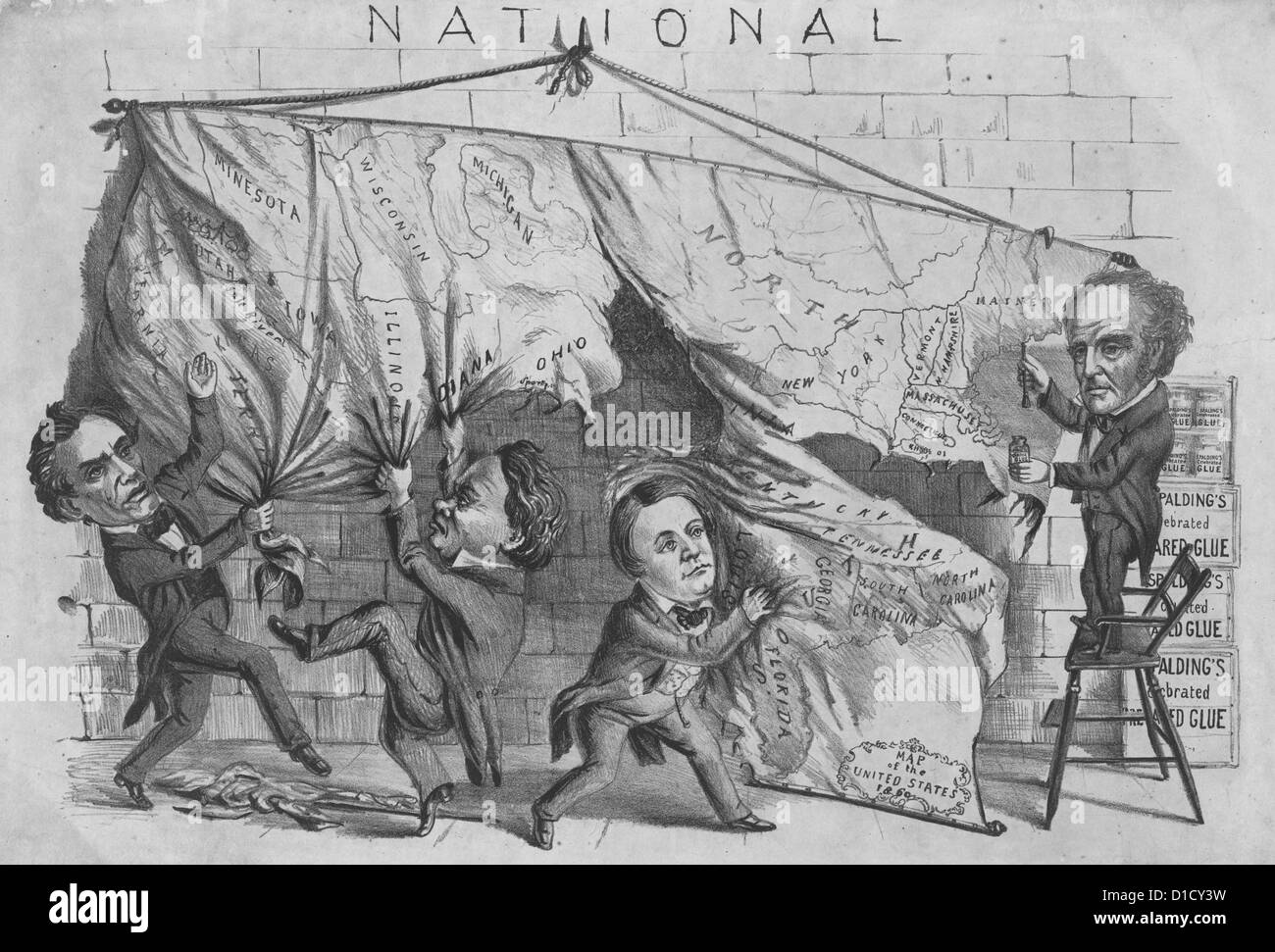 Redaktionelle Karikatur satirizing die 1860 Präsidentschaftswahlen in den USA. Abraham Lincoln, Stephen Douglas, John Breckinridge und John Bell zerreißen den USA 1860 Stockfoto