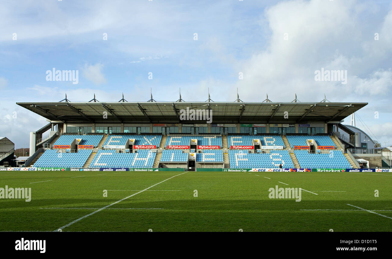 Die Haupttribüne im Sandy Park, Heimat der Exeter Chiefs Rugby-union-Nationalmannschaft in Exeter, Devon, England, UK Stockfoto