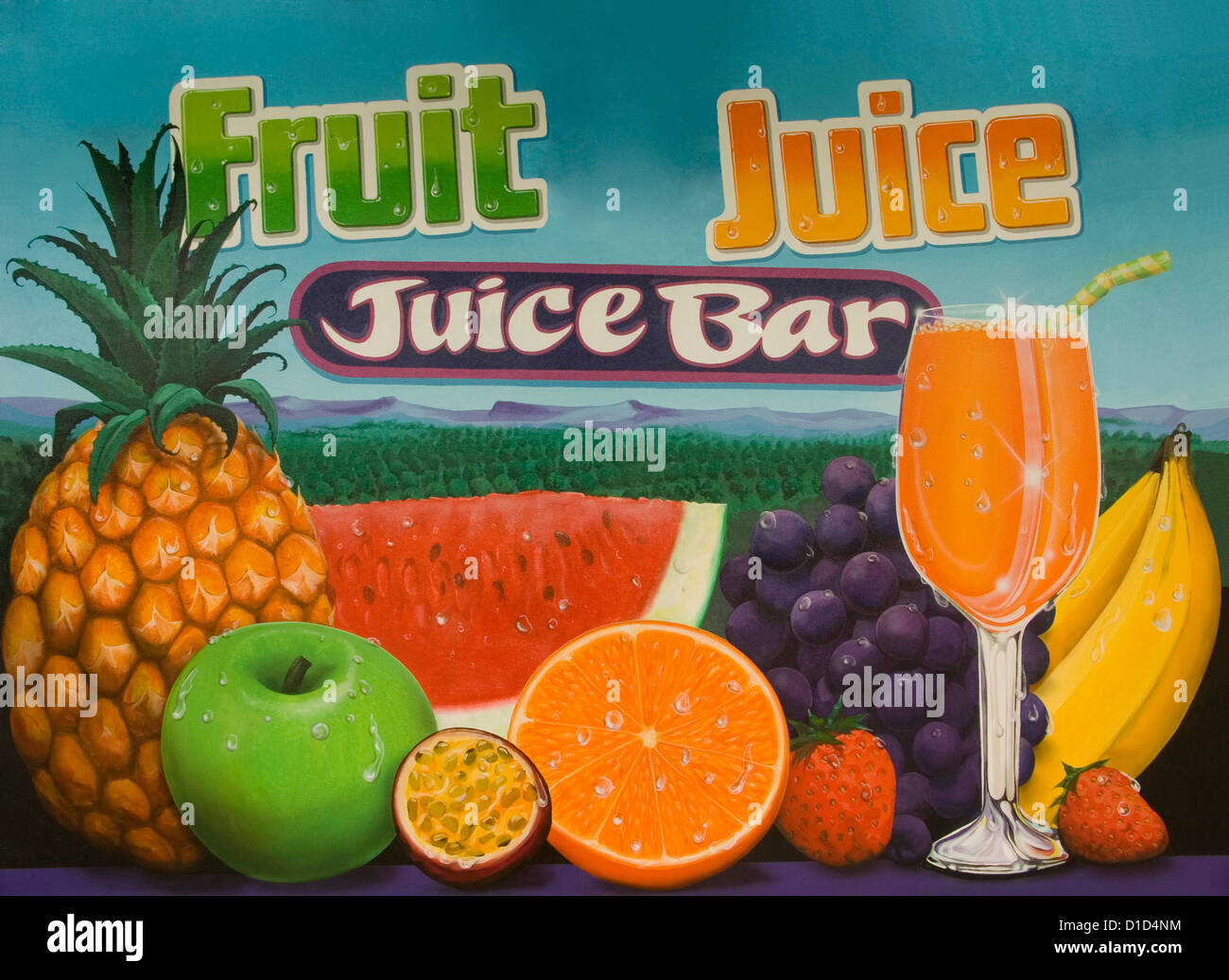 Obst-Saft-Bar / Schild mit Orangen, Äpfel, Ananas, Melone und Glas Saft shop Stockfoto