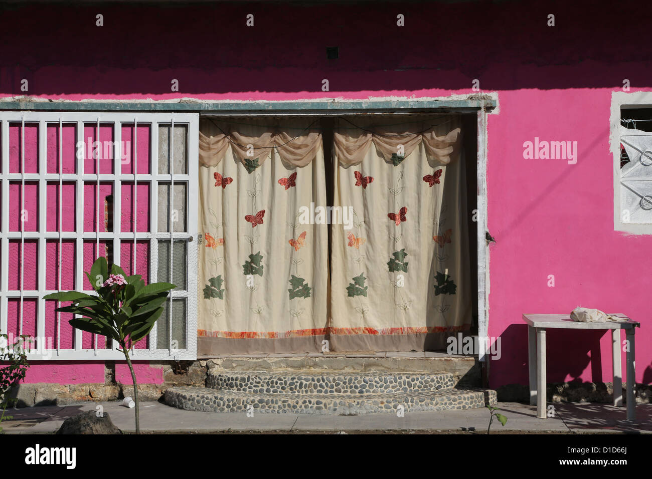 Vor einem rosa Haus in San Pancho, Nayarit, Mexiko. Stockfoto