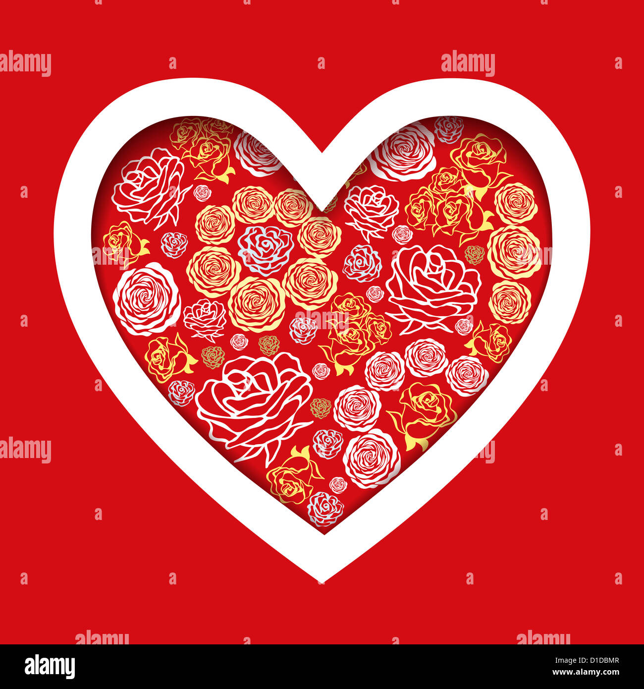 rote Karte zum Valentinstag mit weißen Herzen der schönen Blumen Rosen Stockfoto