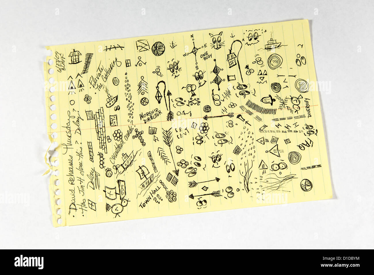 Kritzeleien und Notizen auf Papier Steno-pad Stockfoto