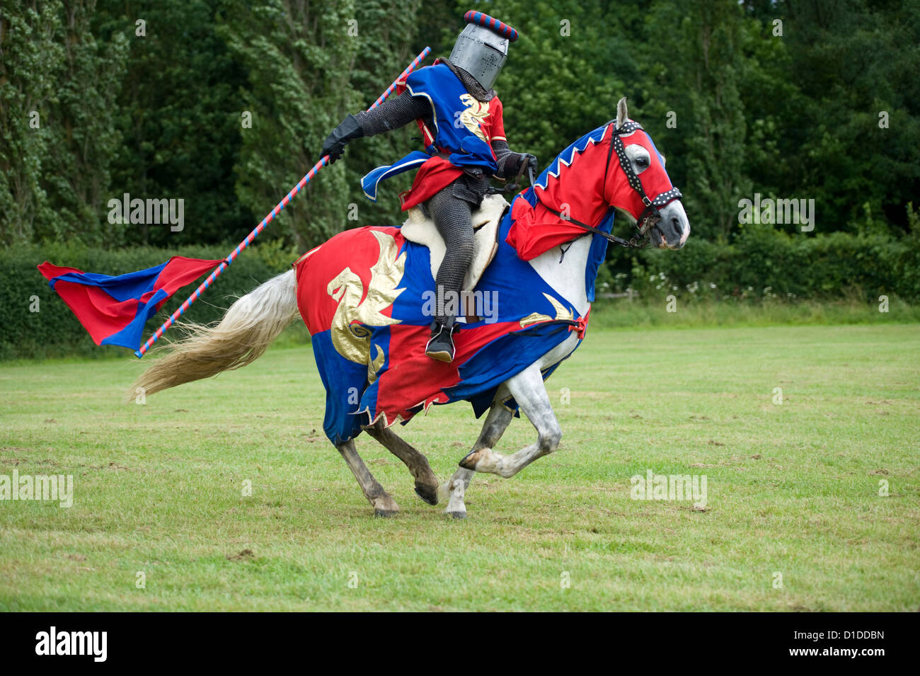 Roten und blauen Ritter auf Pferd Stockfoto