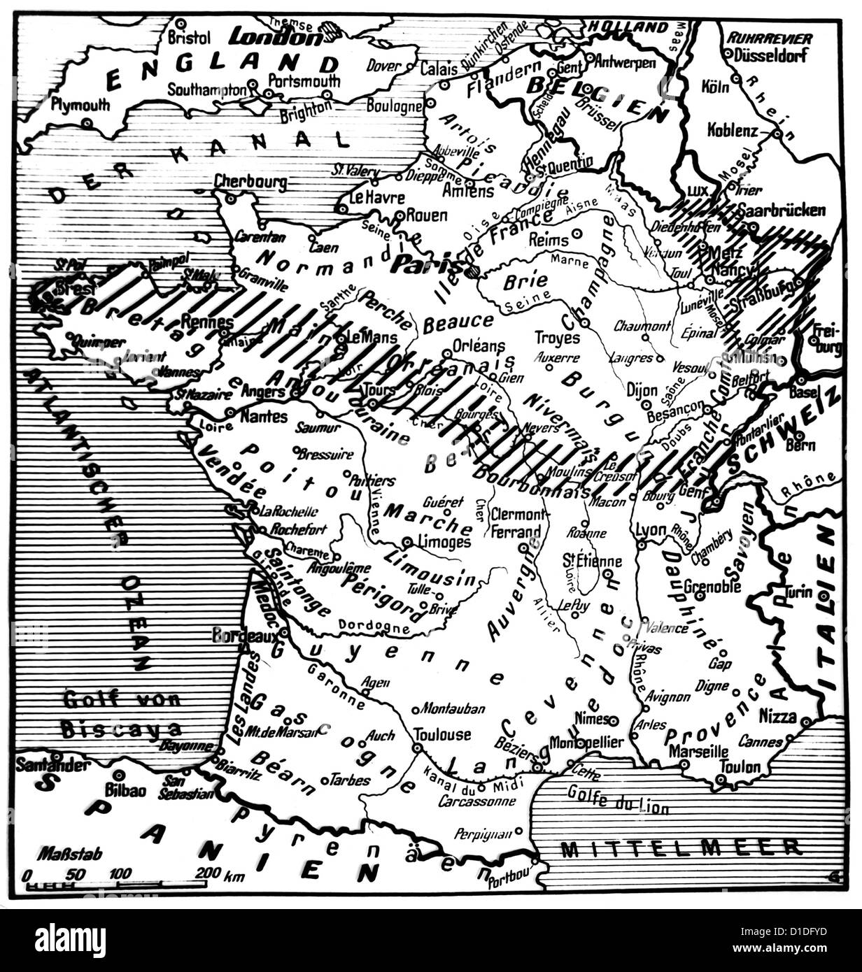 Deutsche Karte, die die Kampfzone an der Westfront in Frankreich im Juni 1940 zeigt. Fotoarchiv für Zeitgeschichte Stockfoto
