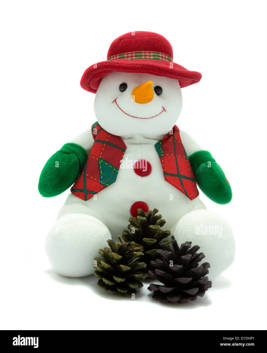 Weihnachten-Schneemann mit festlichen Tannenzapfen Stockfoto