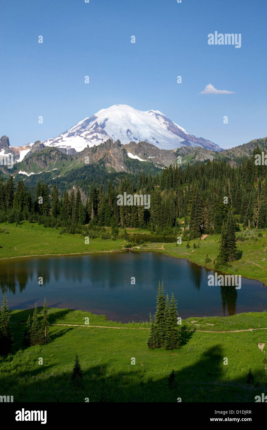 Tipsoo See und Mount Rainier in Mount Rainier Nationalpark, Washington, USA. Stockfoto