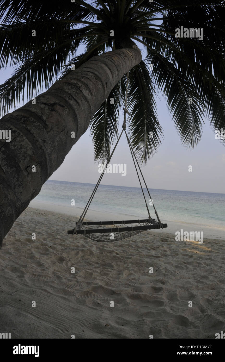 tropische Insel-Strand-Szene mit Palm Tree Hängematte Stockfoto