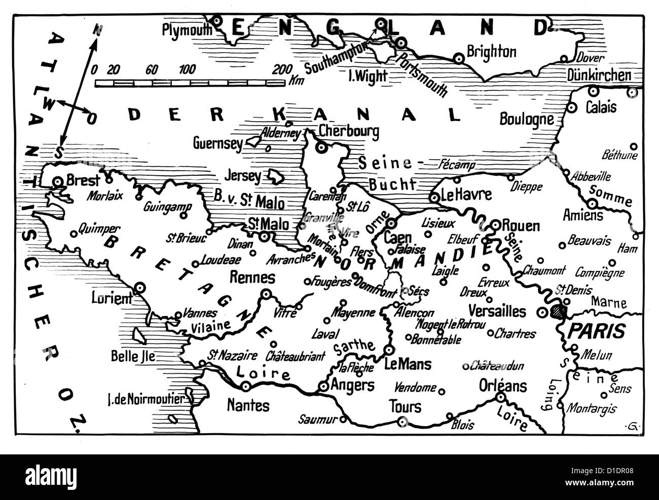 Deutsche Karte der Kampfzone der Westfront in Nordfrankreich, die die Ärmelkanalküste im August 1944 zeigt. Fotoarchiv für Zeitgeschichte Stockfoto