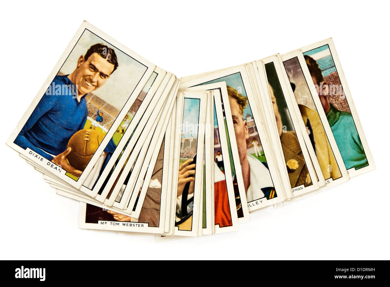 1936 Zusammenstellung von "Sport-Persönlichkeiten" Zigarettenkarten von Gallaher, Fußballer Dixie Dean an der Spitze mit. Stockfoto