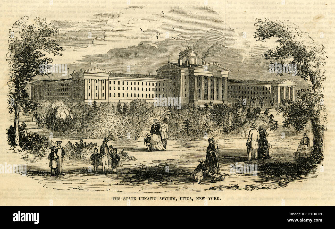 1854-Gravur, The State Lunatic Asylum in Utica, New York. Stockfoto