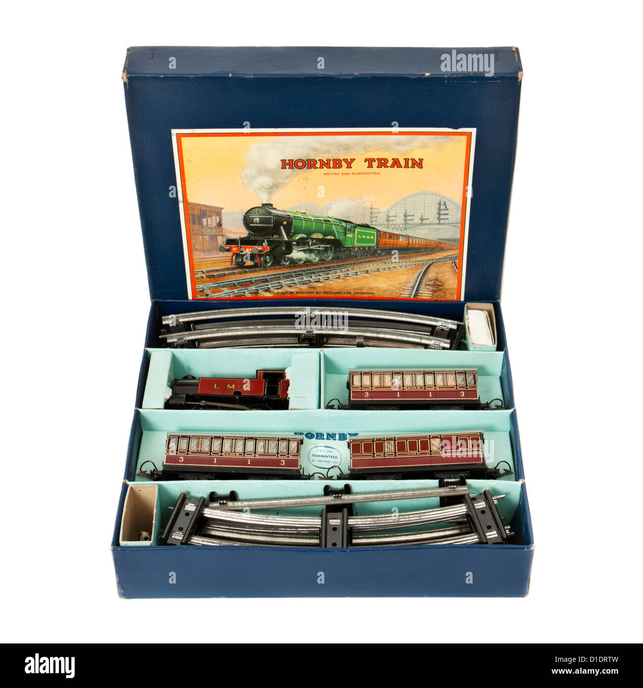Seltene 50er Jahre Hornby (Meccano) No 101 Tank Passagier Zug Set mit Uhrwerk Weißblech Lok und Wagen (O-Spur) Stockfoto