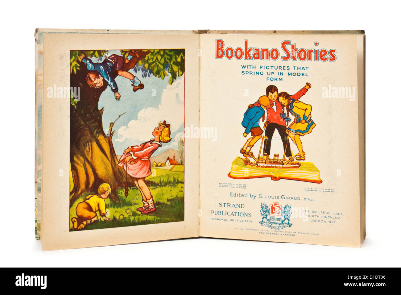 1944 Bookano "Pot-Pourri" frühen Pop-up-Kinderbuch von S. Louis Giraud mit "Bilder, die in Musterformular sprießen". Stockfoto