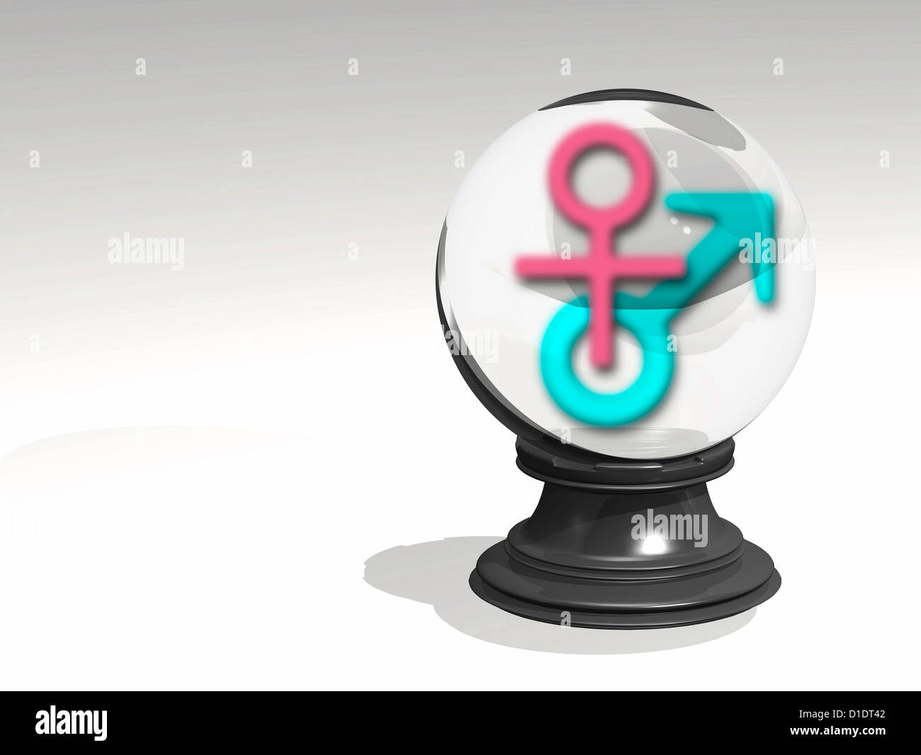 Kristallkugel mit männlichen und weiblichen Zeichen Stockfoto