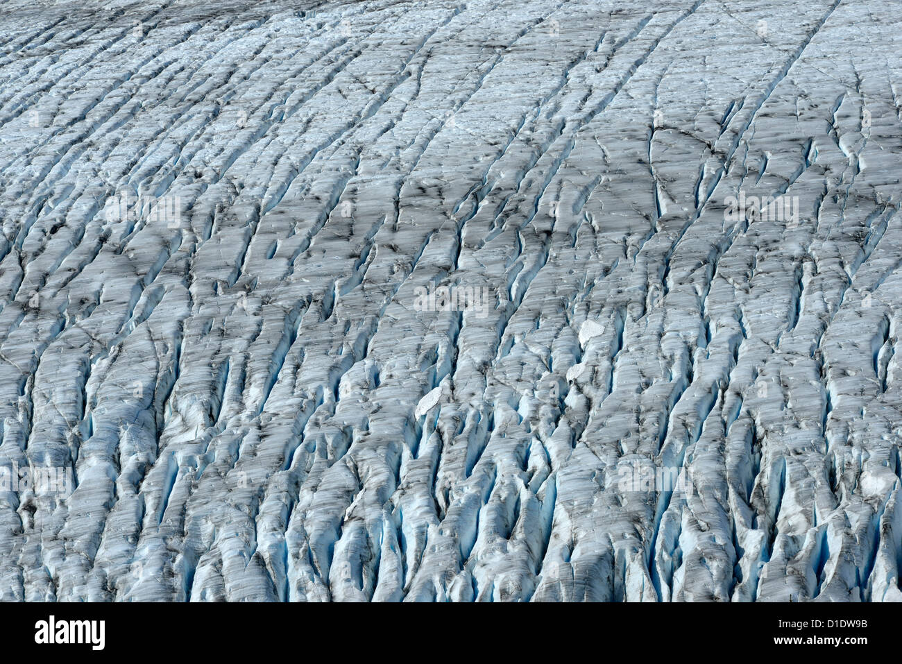 Ein Landschaftsbild von Rissen und Spalten im riesigen Salmon Glacier Stockfoto