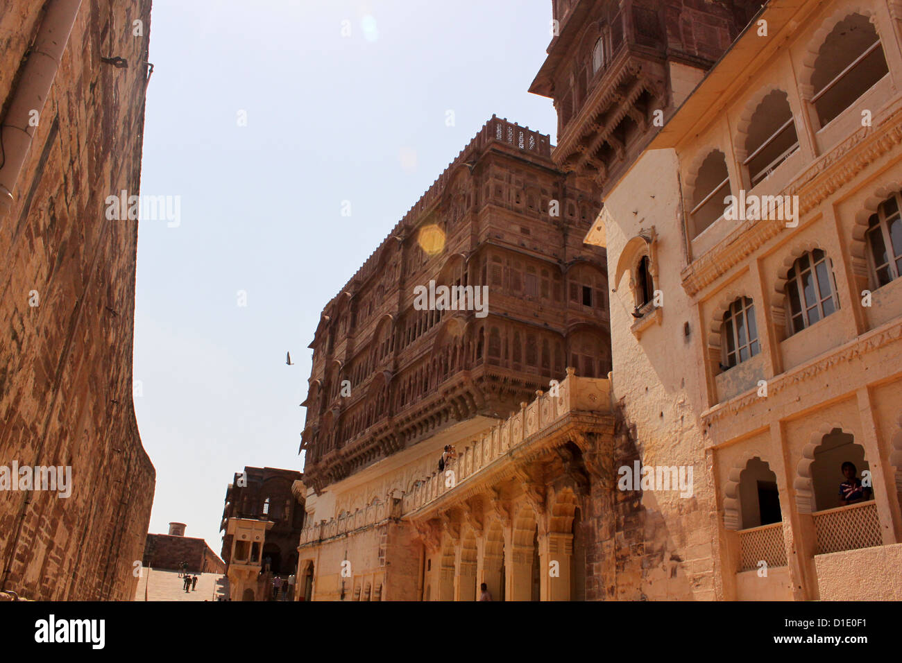 Intricate dekorative geschnitzte Strukturen des Mehrangarh Fort Jodhpur, Rajasthan, Stockfoto