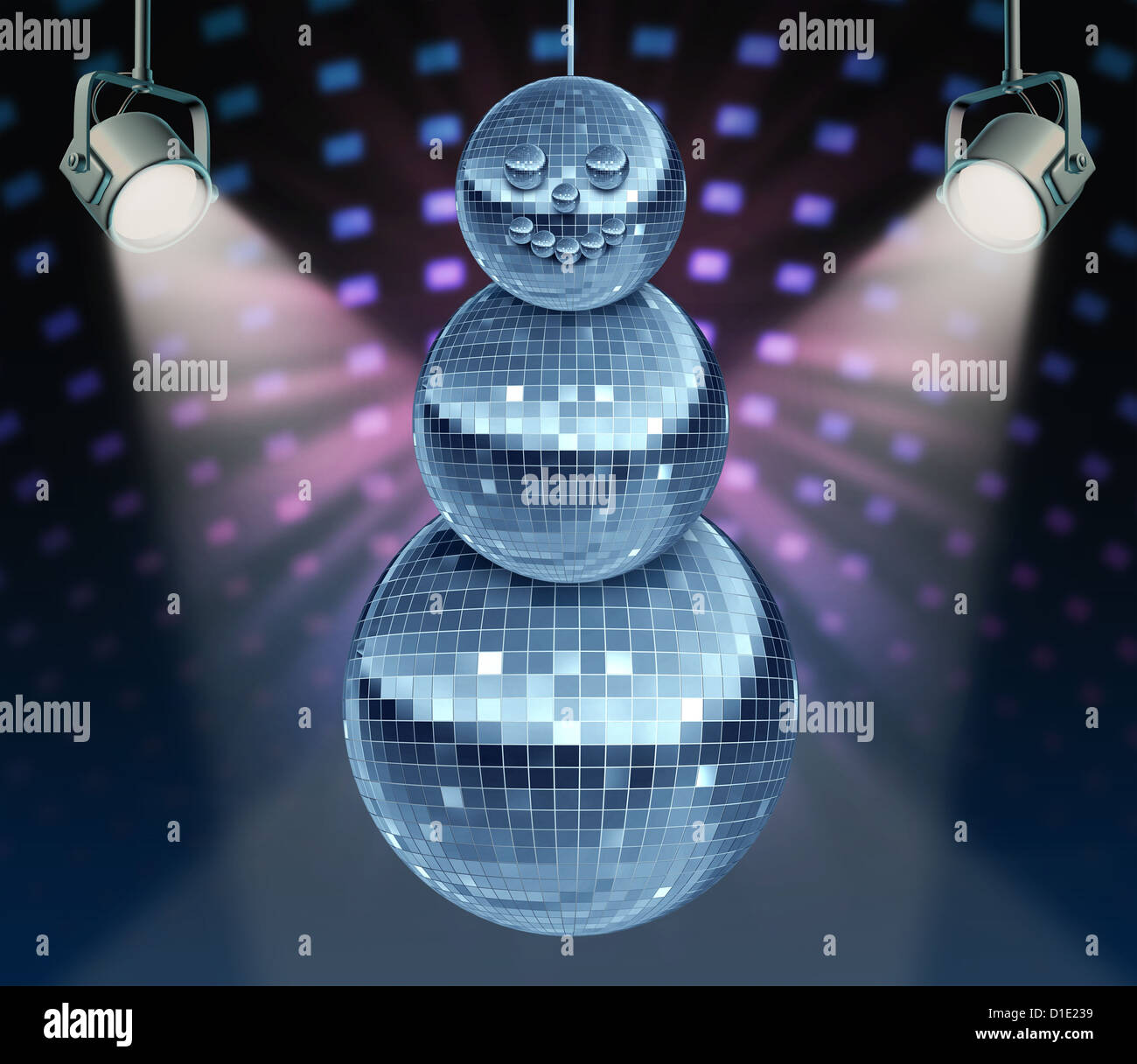 Winter Urlaub Musik Symbol mit Tanz Nacht Disco-Kugeln als Spiegel Kugel in  Form eines Schneemannes für festliche Spaß und Neujahr feiern tanzen Party  in einem Nachtclub oder Dance Club mit glühenden Bühnenbeleuchtung