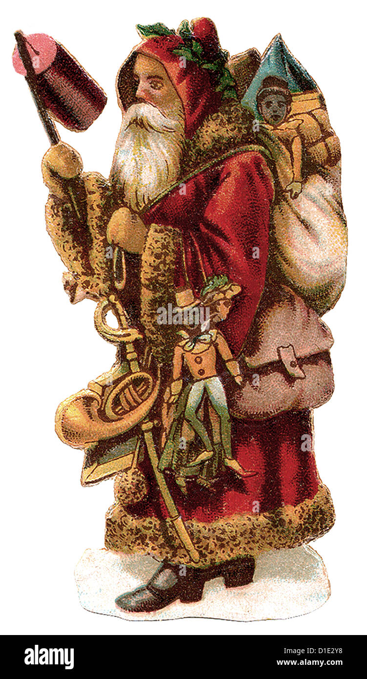 Weihnachtsmann stehend auf Seitentasche mit Geschenke und Spielzeug Stockfoto