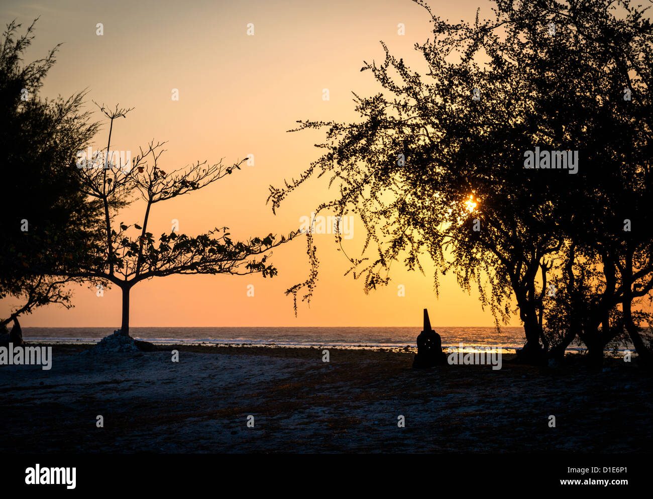 Baum Silhouetten gegen hellen tropischen Sonnenuntergang und Meer Ufer Stockfoto