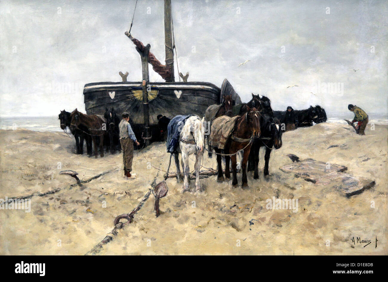 Fischerboot am Strand (1882) von Anton Mauve (1838-1888).Gemälde der Haager Schule mit einem Fischfang in Scheveningen.Mentor zu van Gogh. Stockfoto