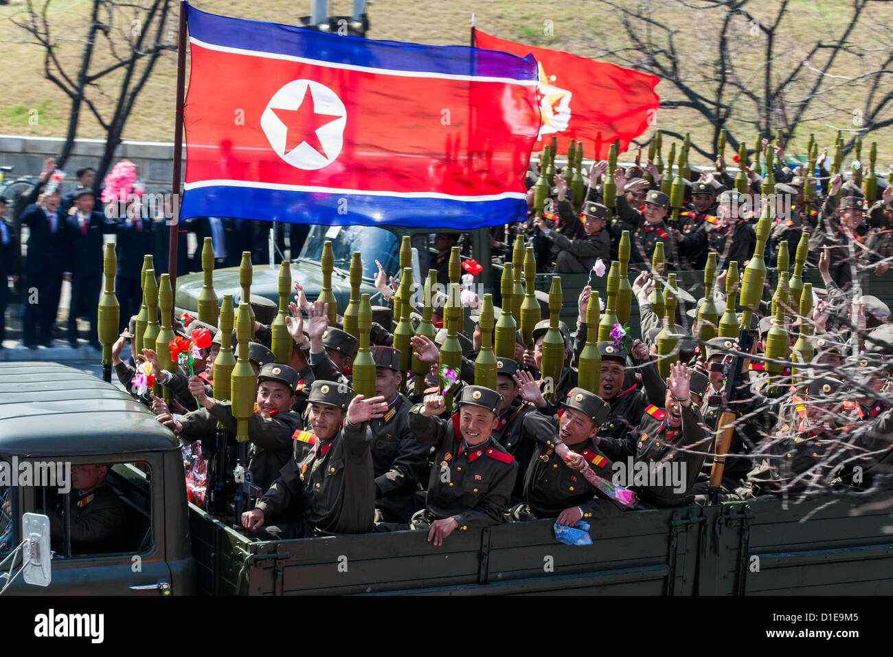 Militärparade während der Feierlichkeiten auf dem 100. Jahrestag der Geburt des Präsidenten Kim Il Sung, Pyongyang, Nordkorea Stockfoto