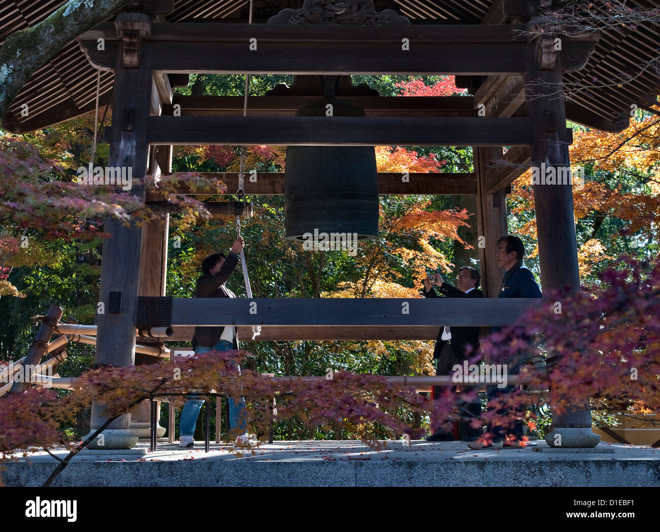 Das Klingeln der Tempelglocke am Kinkaku-ji Tempel (der Goldene Pavillon), Kyoto, Japan Stockfoto