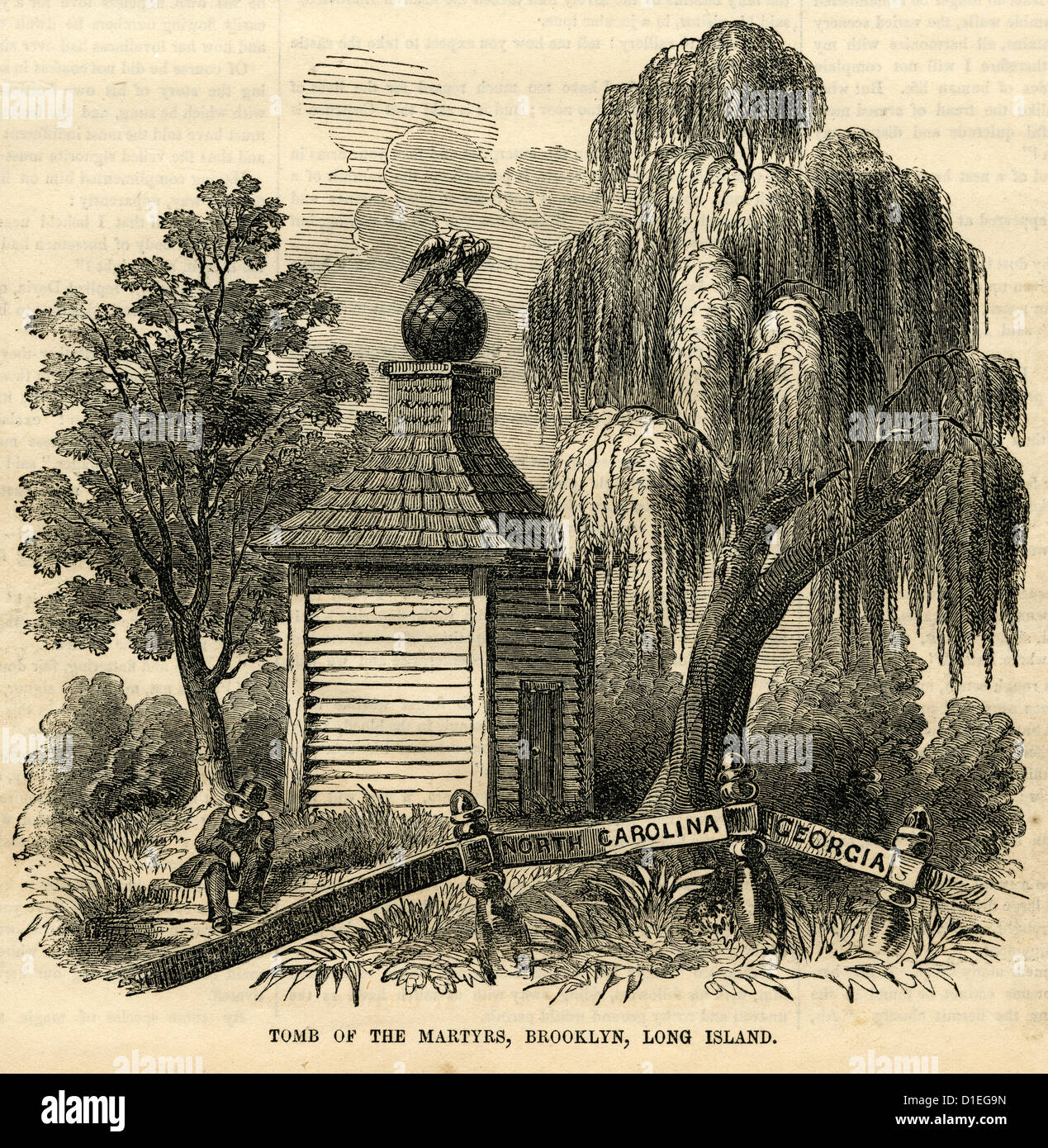 1854-Gravur, Grab der Märtyrer in Fort Greene, Brooklyn, Long Island, New York. Stockfoto