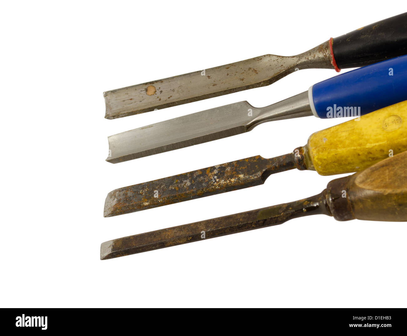 Stichel vier Meißel schnitzen Werkzeuge für die Holzbearbeitung isoliert auf weißem Hintergrund Stockfoto