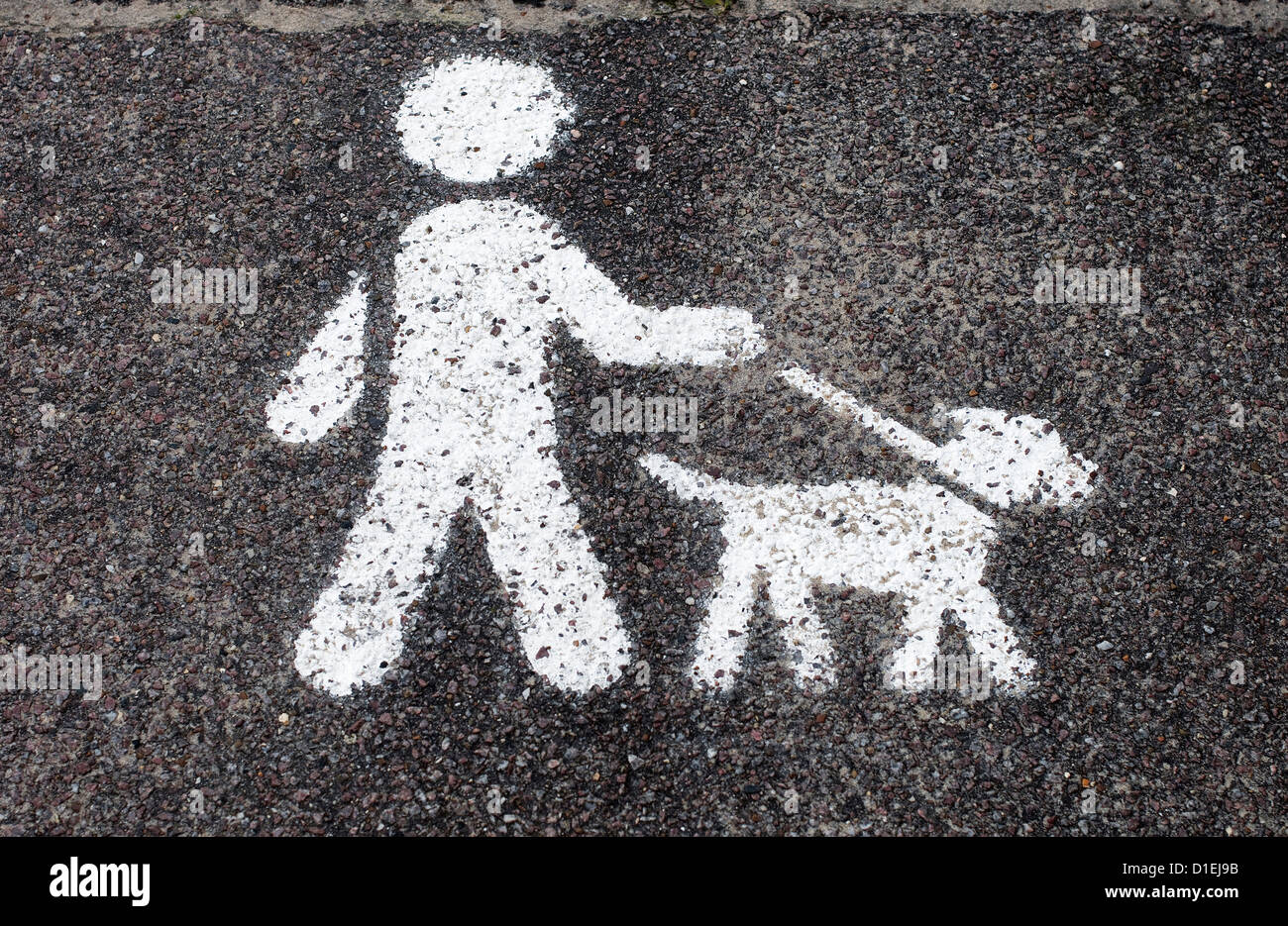 Dogwalker auf asphaltierten Weg Oberfläche weiß lackiert Stockfoto