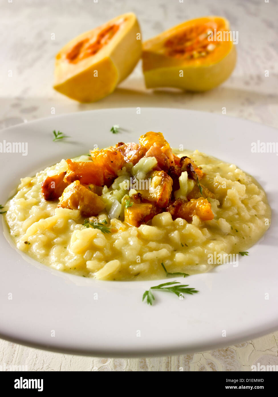 Braten-Butternut-Kürbis auf Safran-risotto Stockfoto