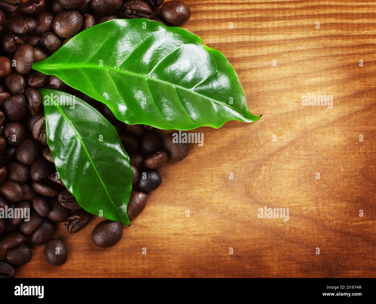 Kaffeebohnen über Holz Hintergrund Stockfoto