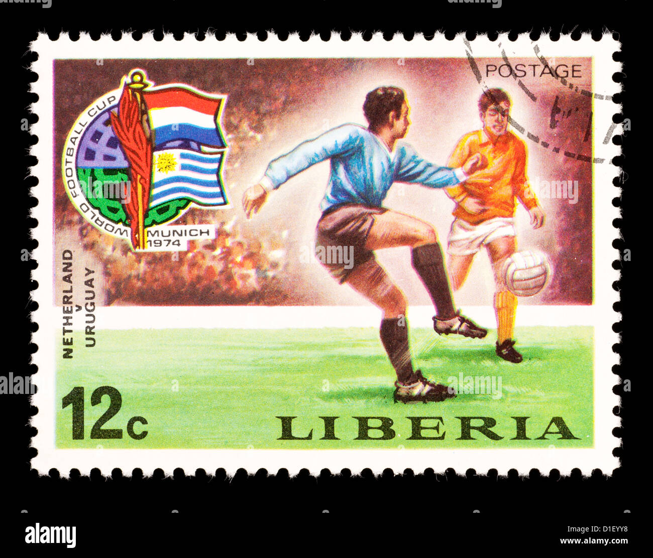 Briefmarke aus Liberia abbildenden Fußball-Spieler, für die Fußball-Weltmeisterschaft 1974 in München ausgestellt. Stockfoto