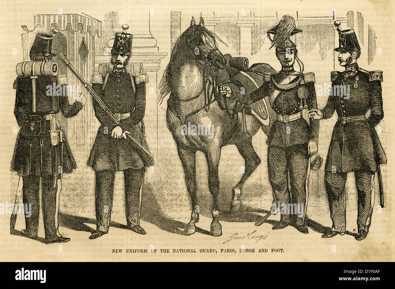 1854-Gravur, neue Uniform der Nationalgarde, Paris, Pferd und Fuße. Stockfoto