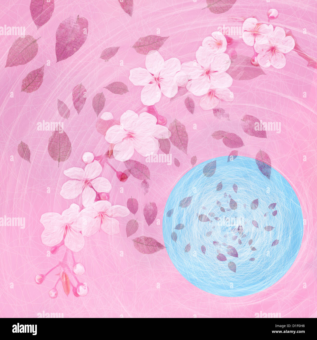 Prunus Maackii. Kirschbaum Blüte und Blätter. Strukturierte Foto Montage illustration Stockfoto