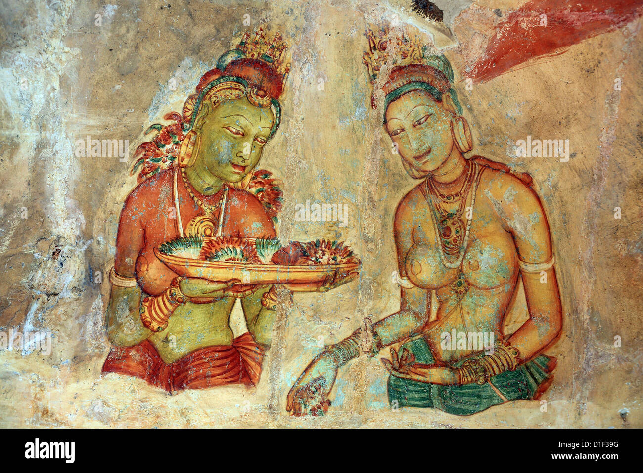 Alten Felsen Wand Fresko Gemälden Jungfrauen in Sigiriya Lion Rock Stockfoto