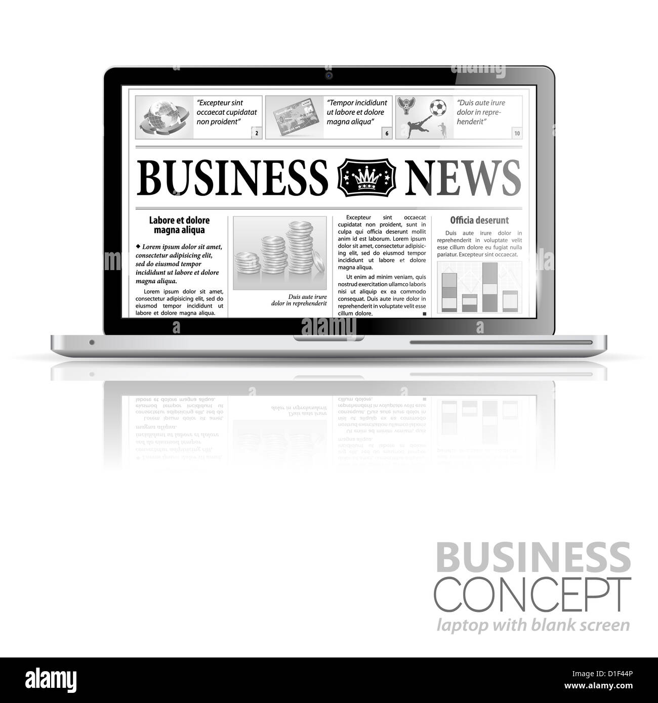 Digitalen News-Konzept mit Businesszeitung auf dem Bildschirm Laptop, Symbol, isoliert auf weiss, Abbildung Stockfoto