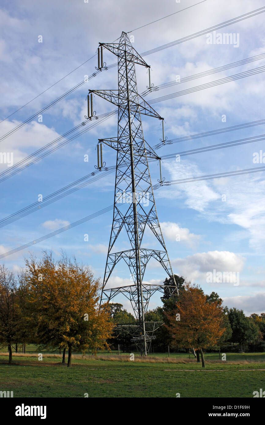 NATIONAL GRID STROMMASTEN und OVERHEAD 400kv-Kabel. ESSEX UK. Stockfoto