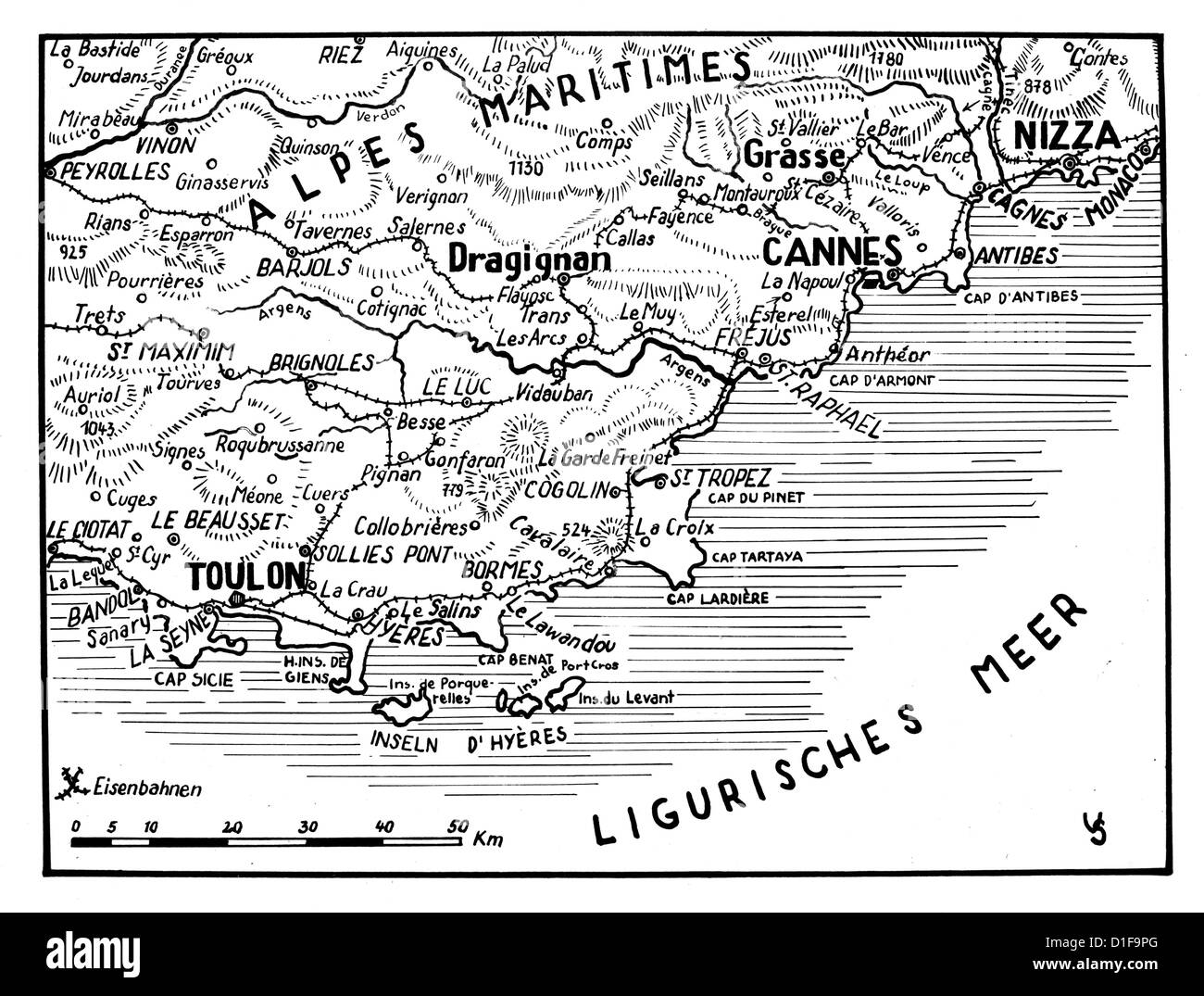 Deutsche Karte der Kampfzone, die die vermeintlichen alliierten Landeplätze an der Westfront in Südfrankreich im August 1944 markiert. Fotoarchiv für Zeitgeschichte Stockfoto