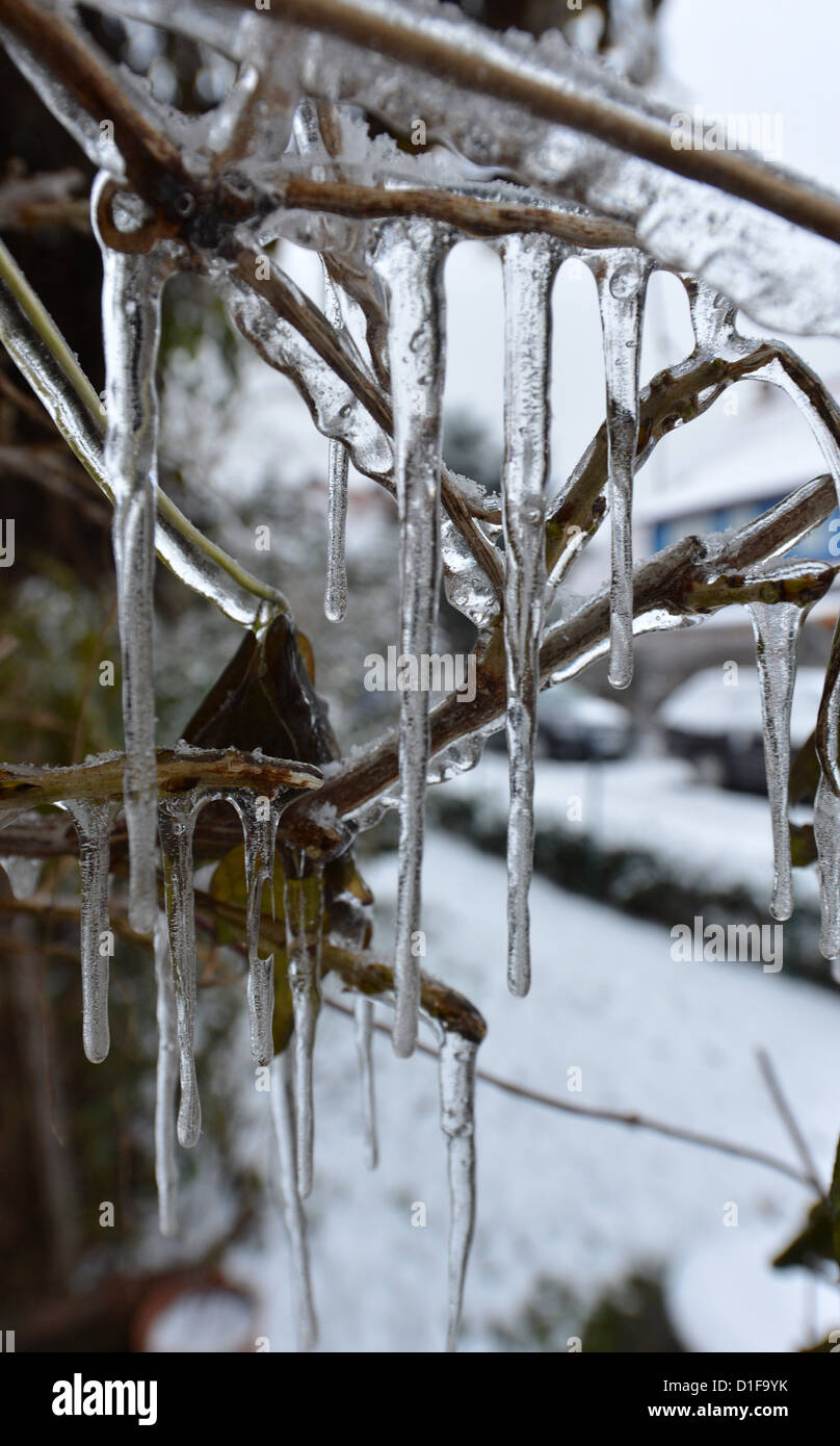 Eiszapfen hängen an einem Werk in Bremen, Deutschland, 12. Dezember 2012. Foto: Carmen Jaspersen Stockfoto