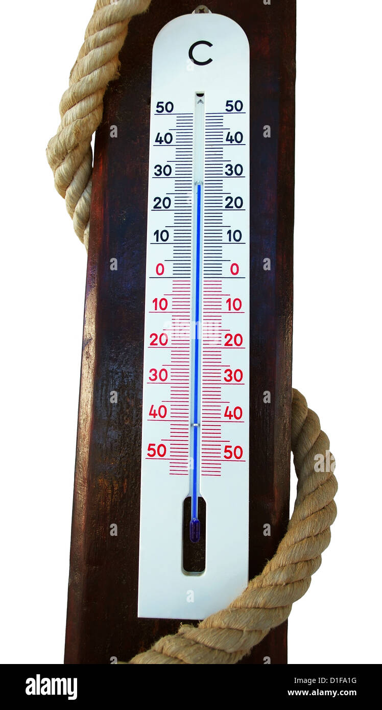 Außenthermometer mit robusten Seil auf weiß Stockfoto
