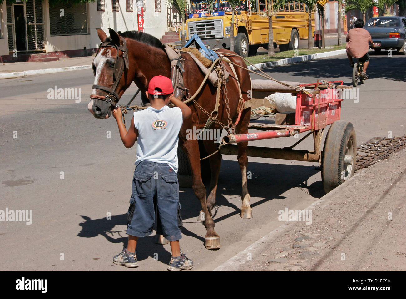Junge und Wagen Pferd in Straße in Granada, Nicaragua Stockfoto