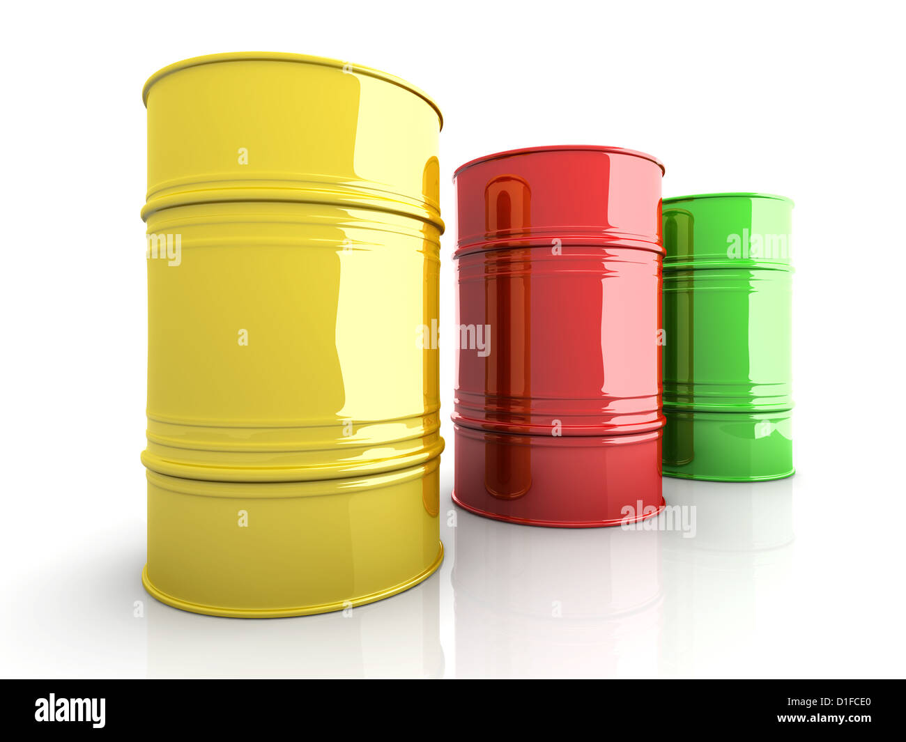 Drei industriellen Barrells. 3D gerenderte Darstellung. Isoliert auf weiss. Stockfoto