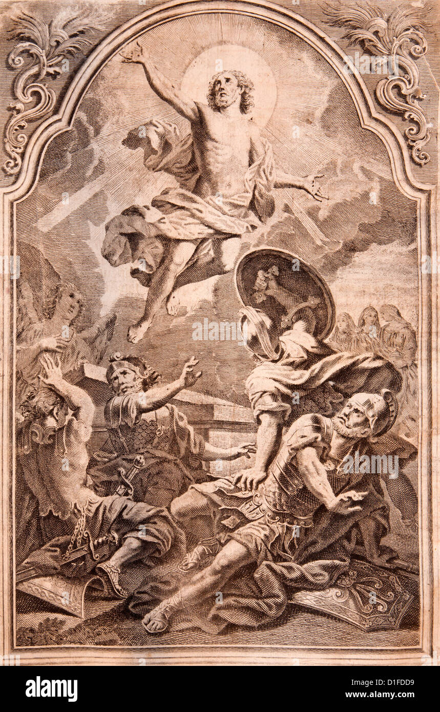 Slowakei - 1727: Auferstehung. Lithographie im Missale Romanum herausgegeben von Venetiis, Nicolaus Pezzan im Jahr 1768 gedruckt. Stockfoto