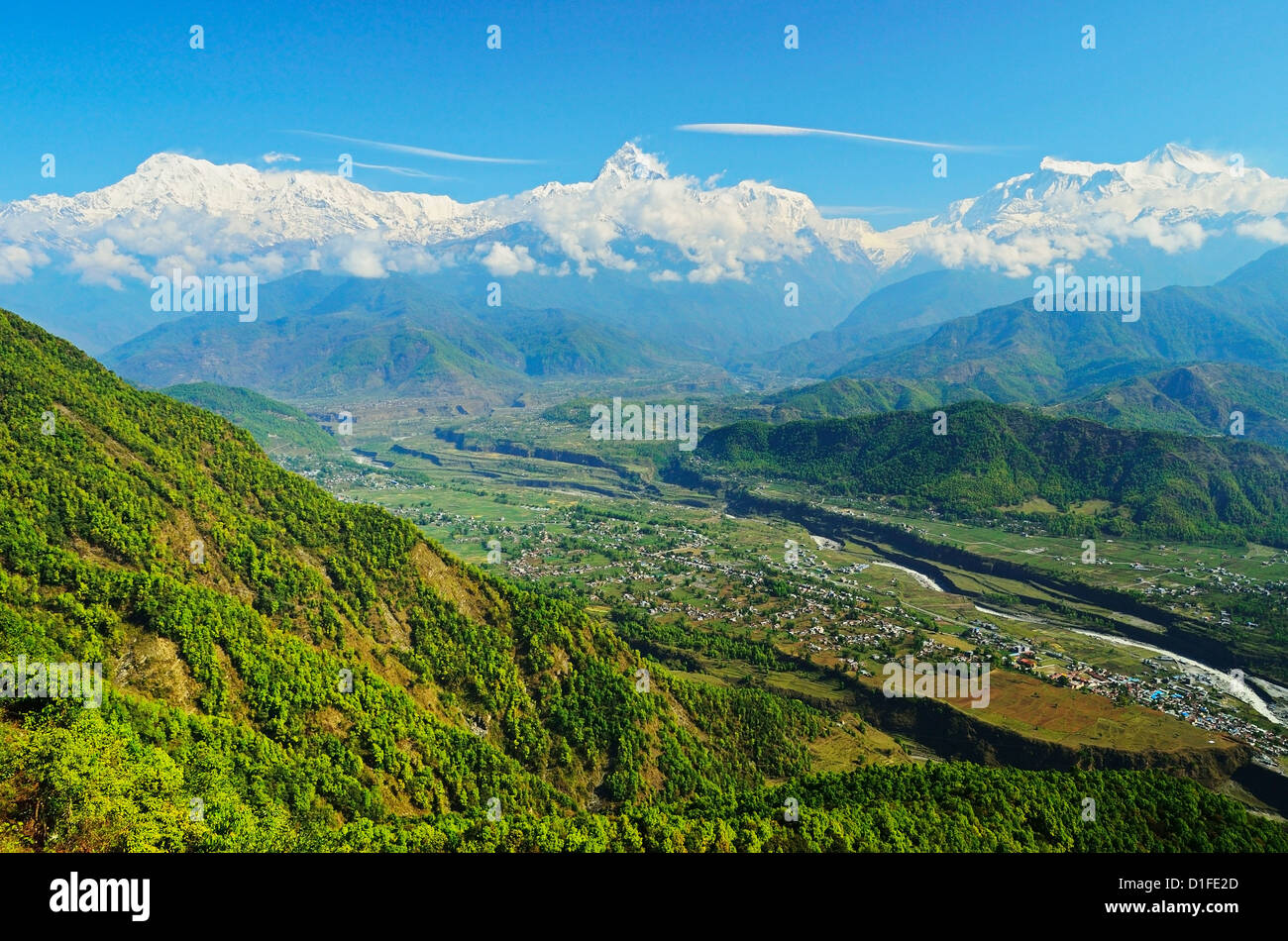 Annapurna Himal und Machapuchare gesehen von Sarangkot, Gandaki Zone, Western Region, Nepal, Himalaya, Asien Stockfoto