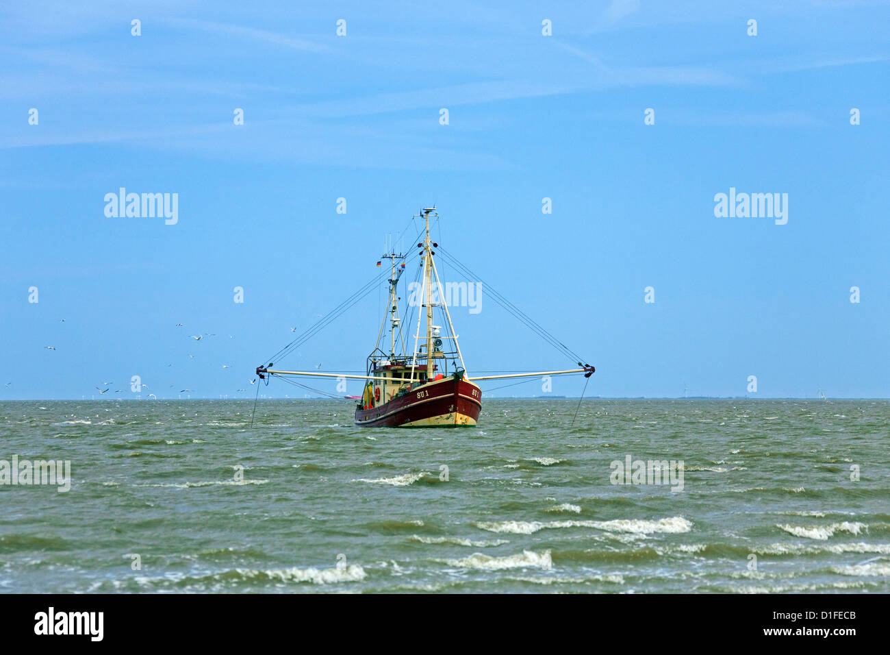 Red Garnelen Boot Angeln für Garnelen in Wadden Meer, Nordfriesland, Deutschland Stockfoto