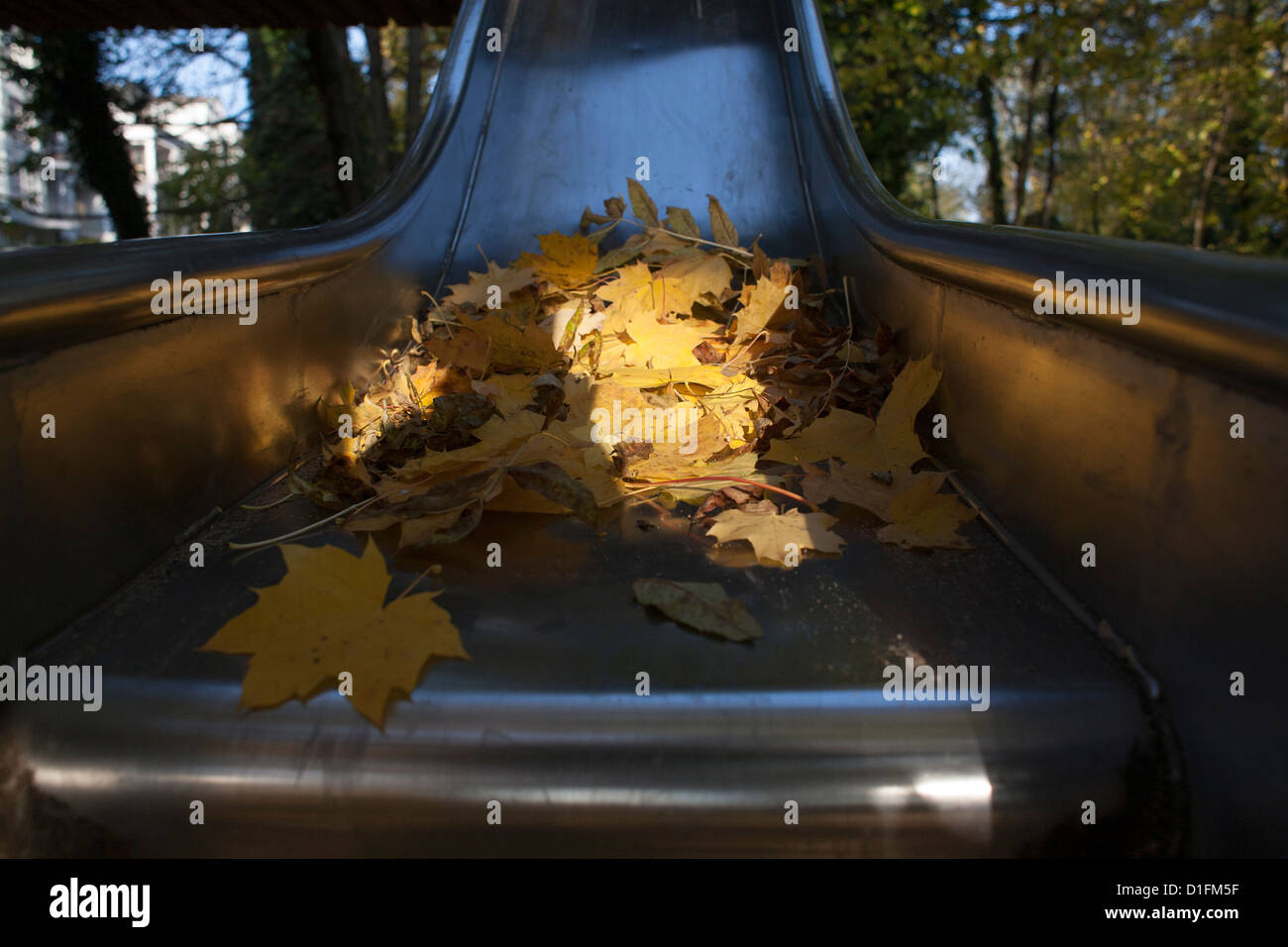 Eine Folie auf einem herbstlichen Spielplatz, bedeckt mit gefallenen Maple leafs Stockfoto